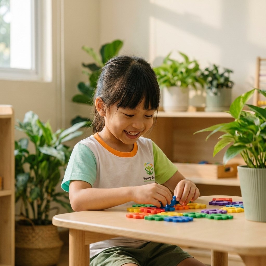 A young child deeply focused on colourful puzzle pieces at a low wooden table in a warm, plant-filled classroom