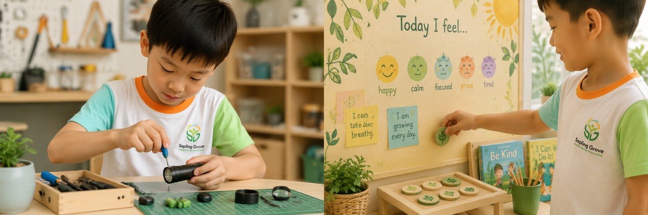 A child taking apart a small flashlight at a workshop table beside a warm classroom corner with a hand-illustrated moodboard