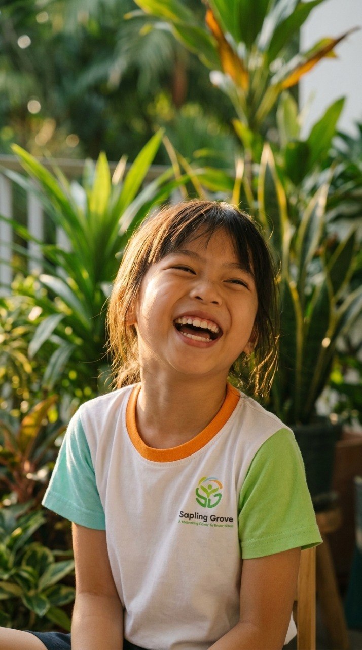 A laughing primary-age child at the centre in warm afternoon light
