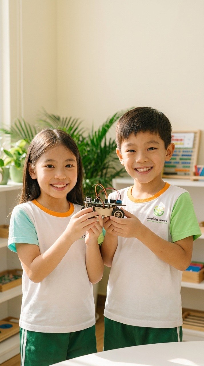 A delighted child proudly holding up a small creation in warm natural light