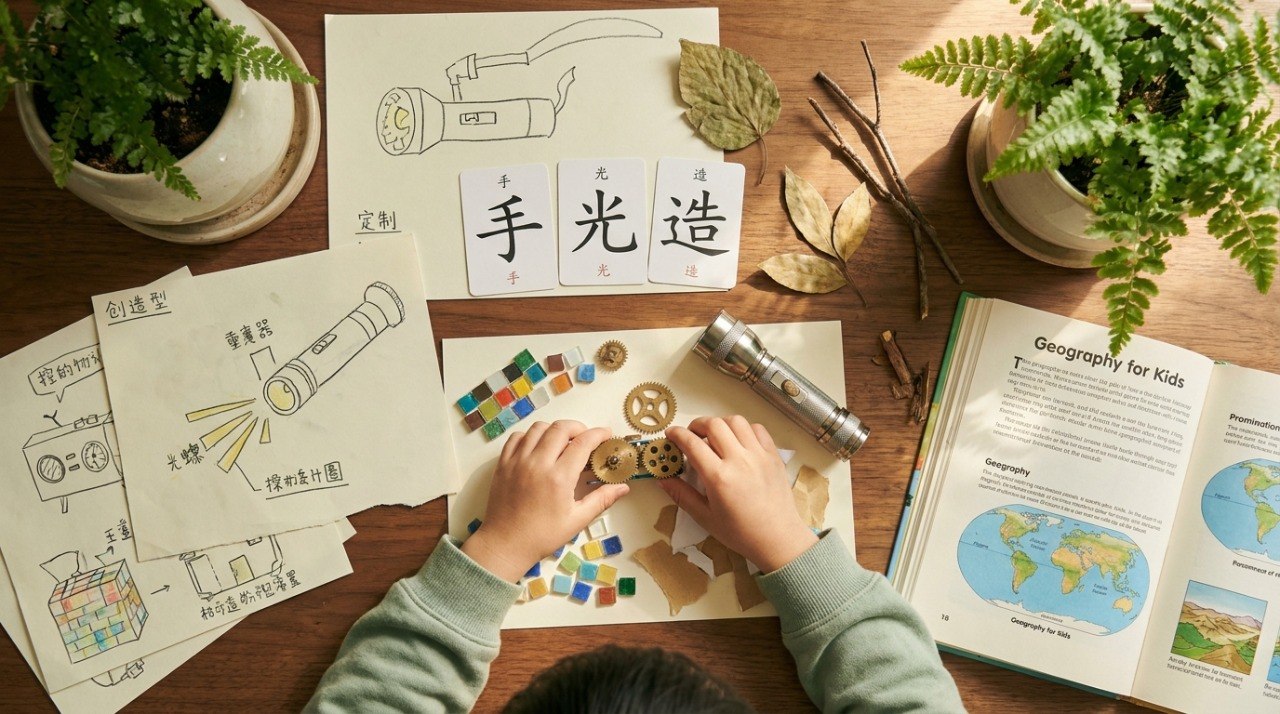 Overhead flat-lay of a child's creative workspace with small hands building from scattered parts, leaves and a small plant in warm light
