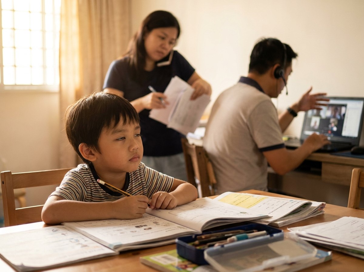 A tired young child slumped alone at a cluttered homework table at home in the late afternoon