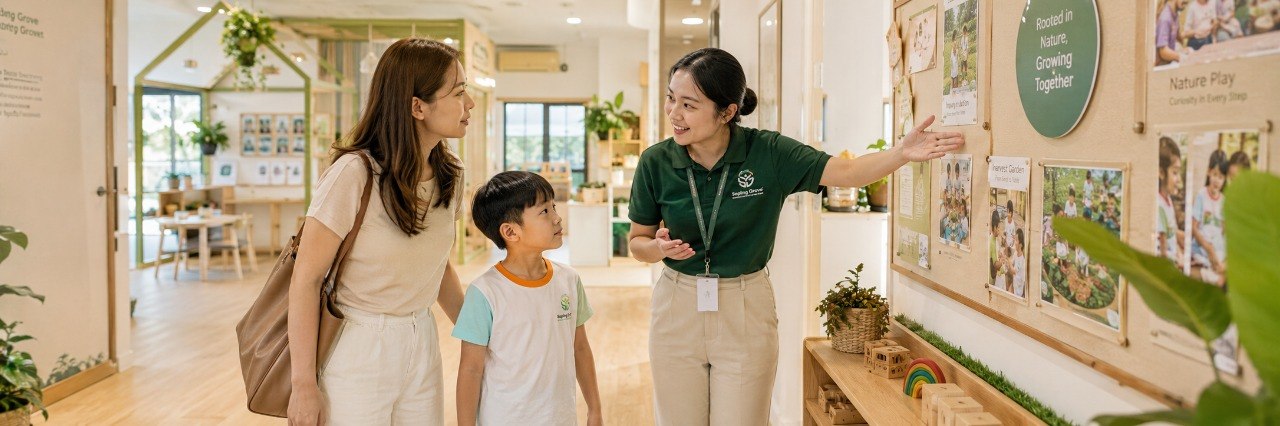 A parent and their child on an open-house tour with an educator gesturing toward a moodboard in a warm, plant-filled classroom